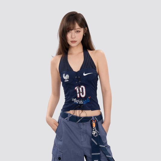 Pinstripe Halter Lace-Up Corset Remake Top